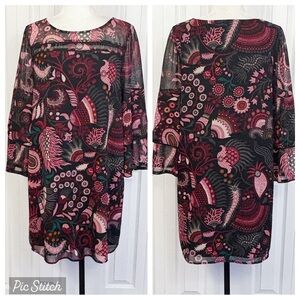 LOFT Burgundy Multi Floral Print Sheer Tiered Flare Sleeve Mini Dress